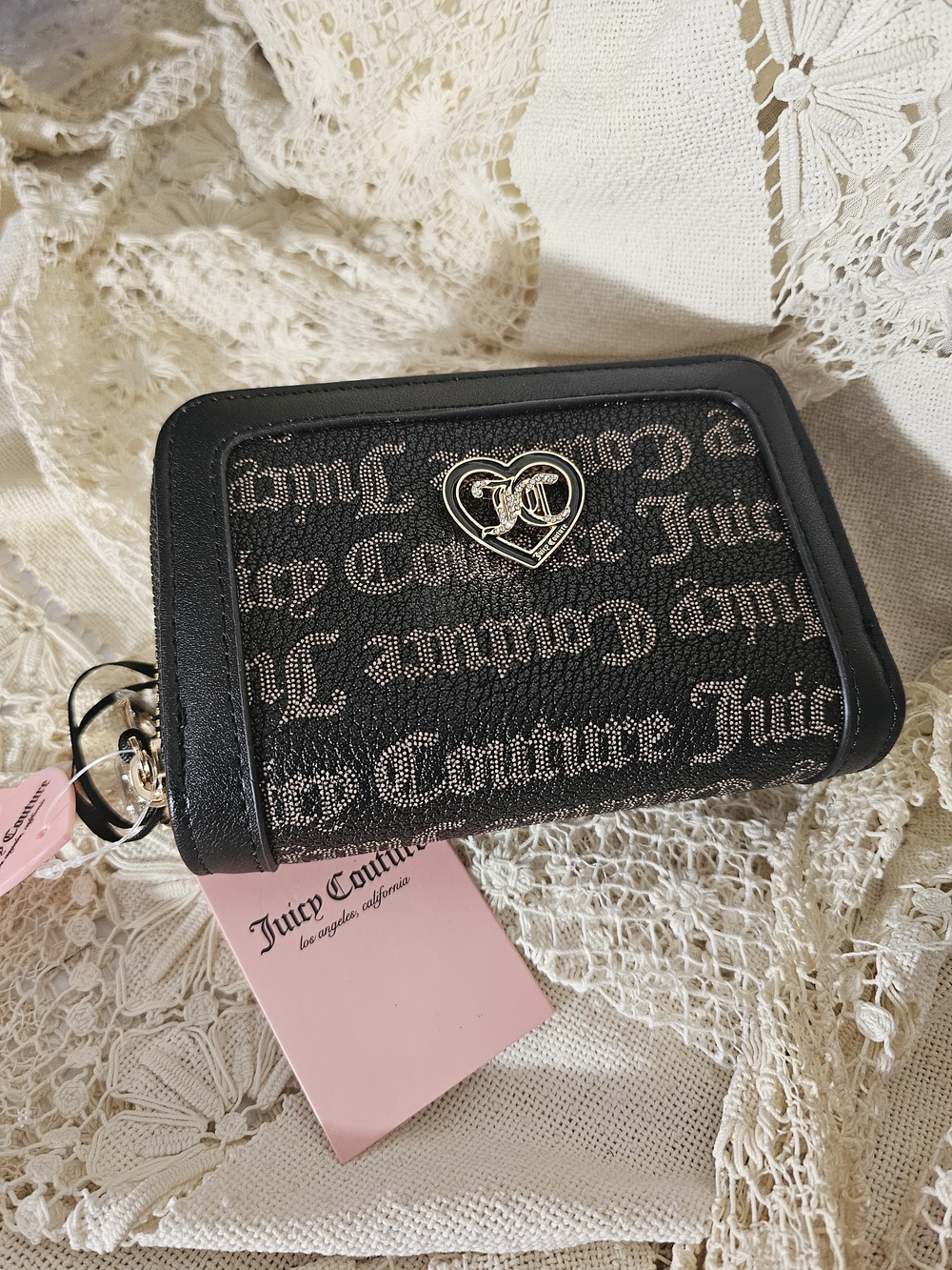 Juicy Couture Black Logo Card Wallet with Heart Emblem